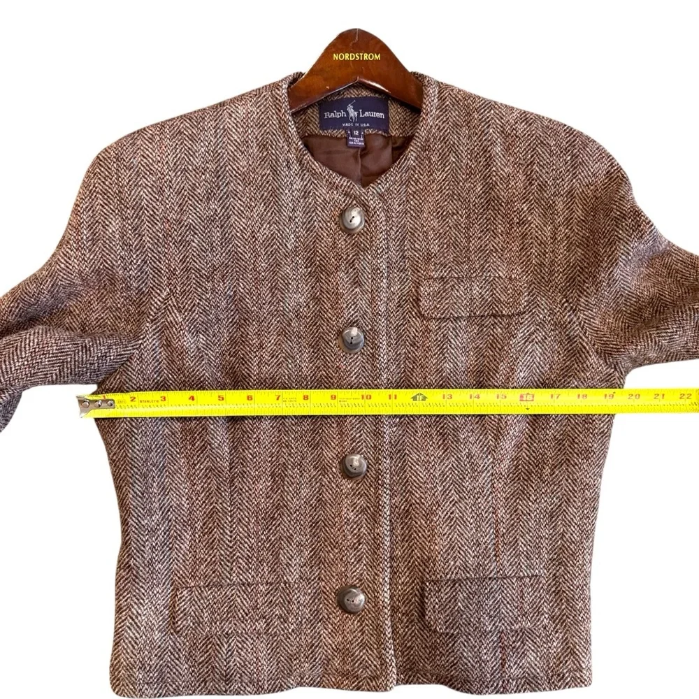 Ralph Lauren Polo Wool Tweed Herringbone Blazer Collarless Made in USA 12 - Picture 14 of 15